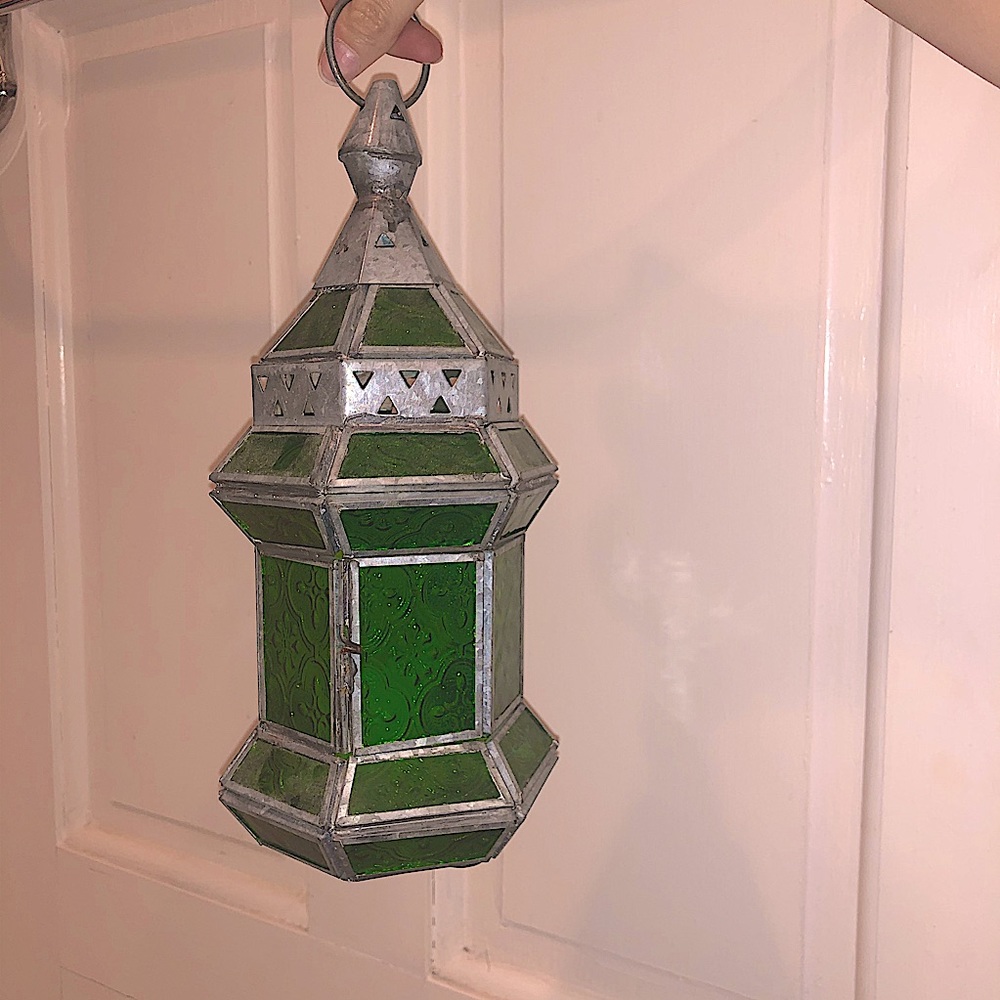 Antique Green Glass Lantern with Candle included